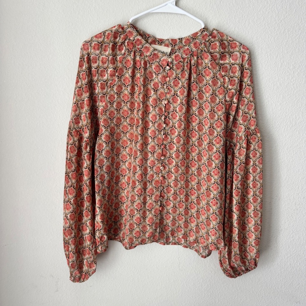 Easy Clothes Pink Floral Medallion Metallic Stripe Button Front Blouse S/M